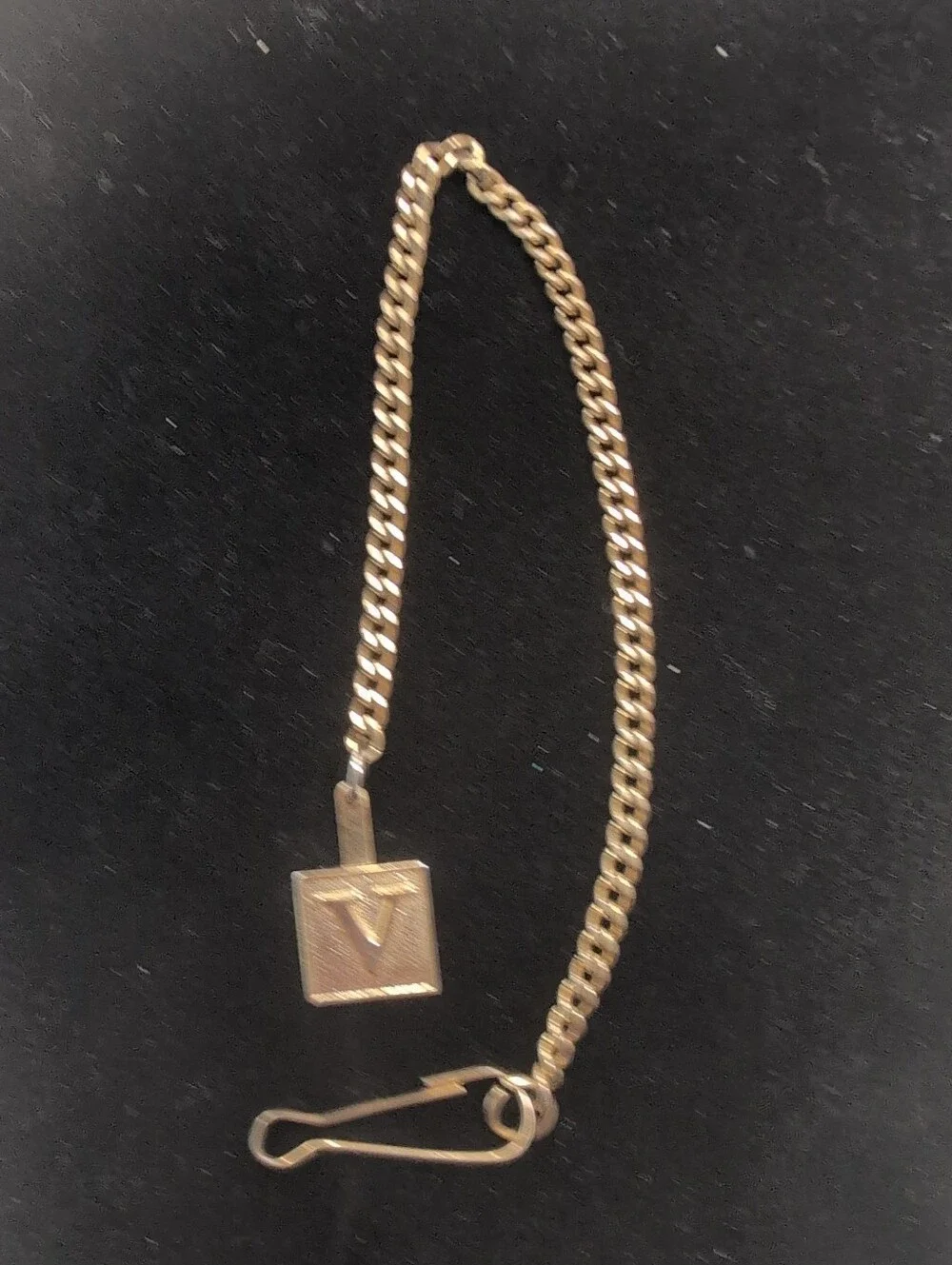 Vintage Gold Tone Pocket Watch Curb Link Chain W/ Initial V